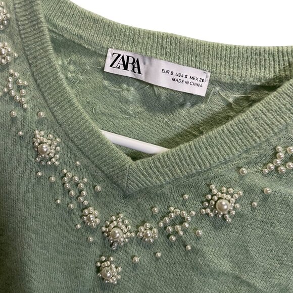 Zara S Green Pearl-Embellished Sweater V-Neck Lightweight Knit - Picture 3 of 4